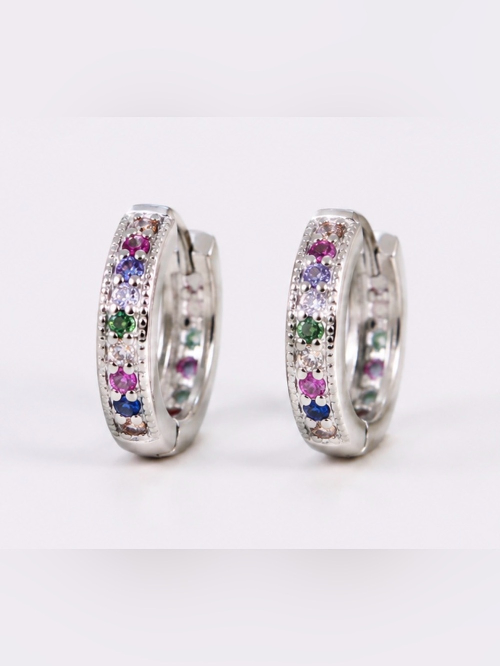 925 Sterling Silver Rainbow Stone Huggie Hoop Earrings Multicolor Hinged Hoops